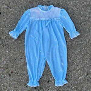 Vintage Baby Romper Pajamas – Tom Girl 12M Blue Lace Trim
